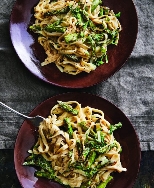 Cauliflower Alfredo Linguine with Roasted Asparagus